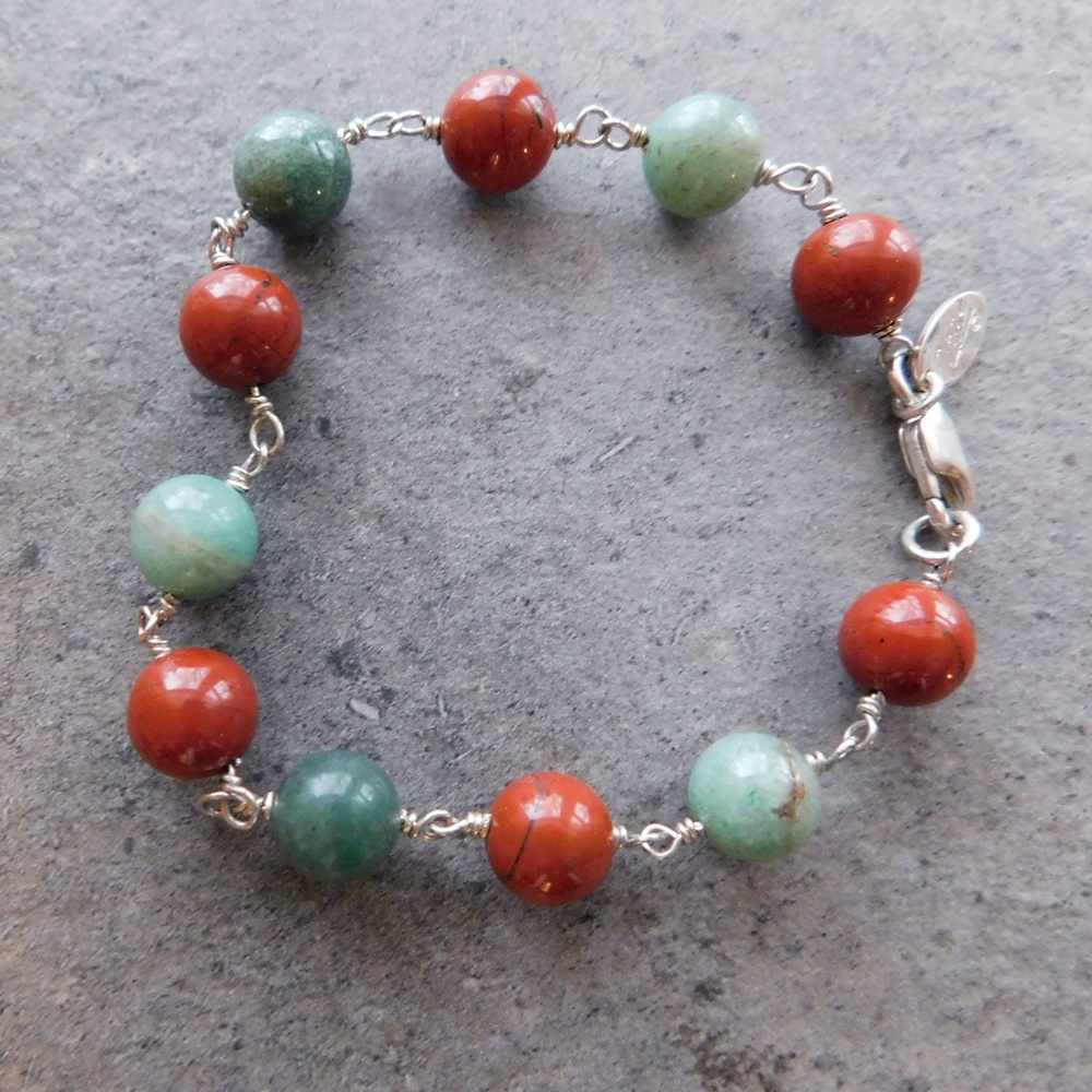 Red Jasper and Green Aventurine Sterling Silver Beaded Energy Bracelet